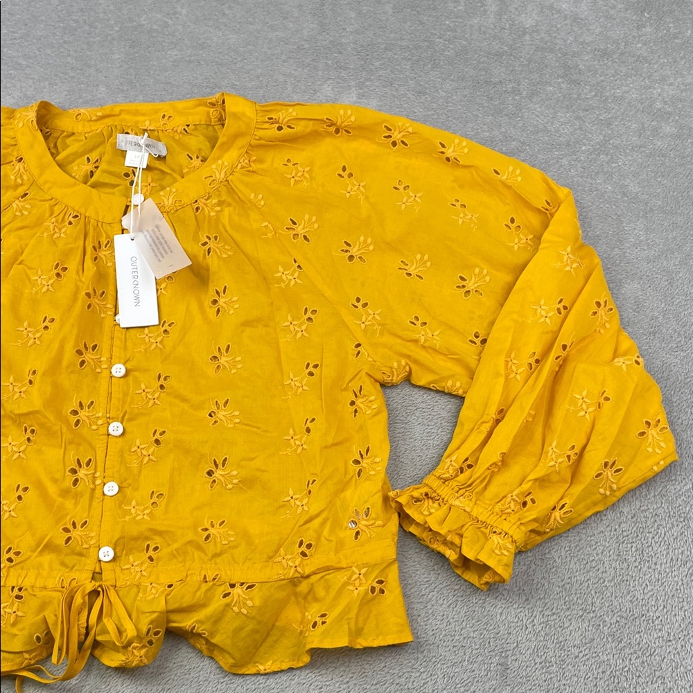 NEW Outerknown S 100% Organic Cotton Floral Eyelet Yellow‎ Button-Up Women's Top